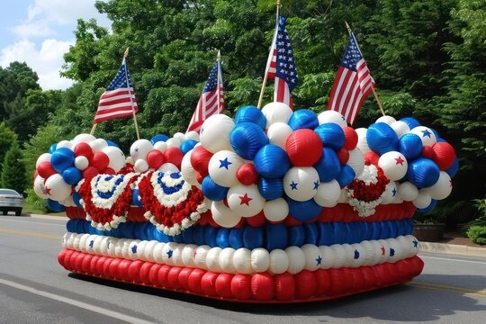 A parade float decorated in red, white, and blue, with ample room for text