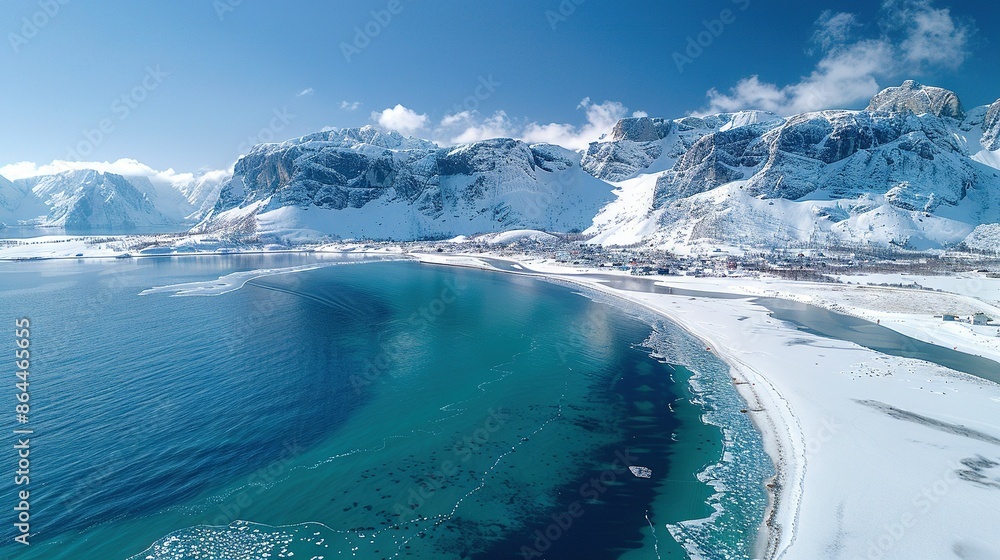 Wall mural   A large body of water encircled by snow-capped peaks and distant snowy peaks, with a tiny settlement on its farthest shore