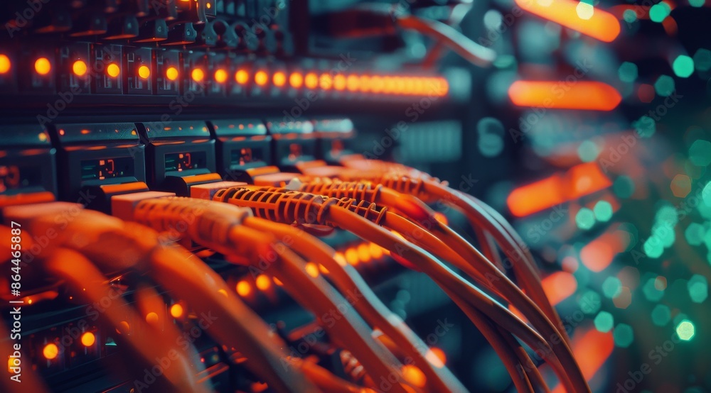 Poster network cables connected to server racks in a data center