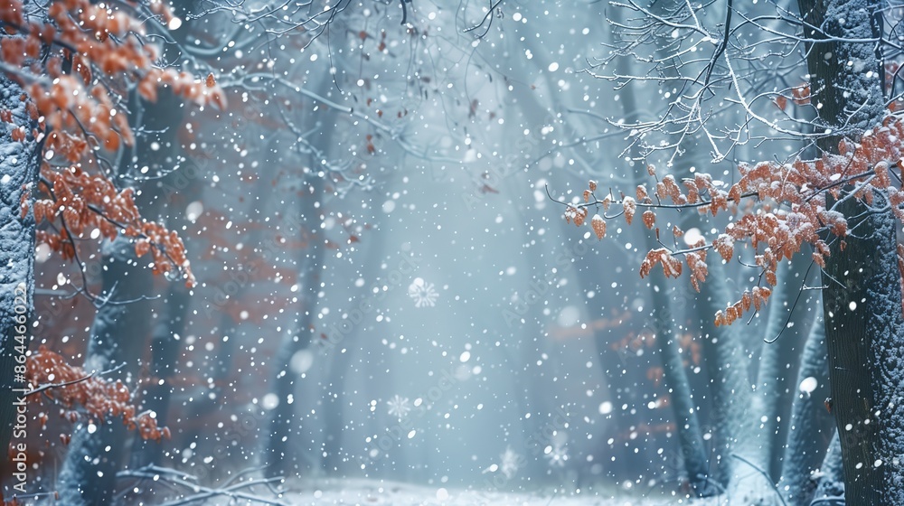 Poster an enchanted forest transforms with the first snowfall, creating a pristine, magical landscape.