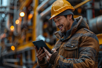 Worker Using Tablet in Industrial Setting