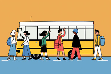 An illustration of students walking past a yellow school bus, with the background being a bright yellow color