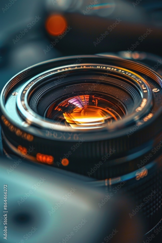 Poster close-up view of a camera lens on a table, useful for photography-related concepts and product displ