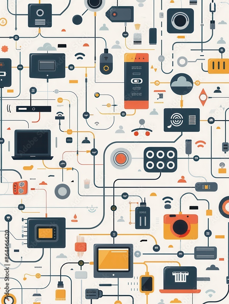 Aufkleber a vibrant illustration depicting various network devices, including routers, modems, and smart home 