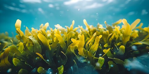 Naklejka premium Closeup underwater shot capturing the gentle swaying of dulse seaweed in the ocean. Concept Underwater Photography, Seaweed Movement, Closeup Shot, Ocean Environment