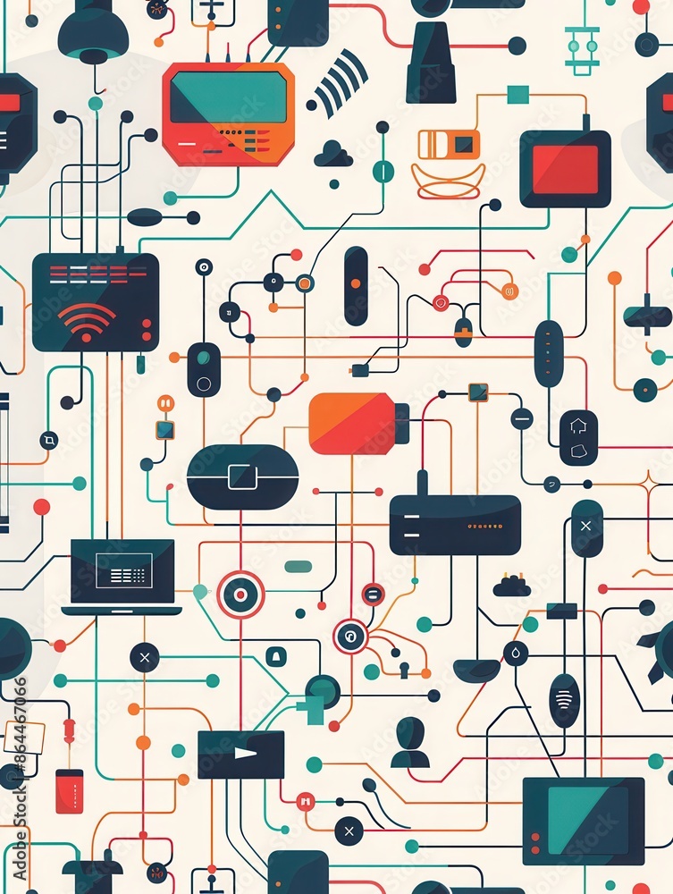 Poster an abstract illustration depicting a network of interconnected routers, modems, smart home gadgets, 