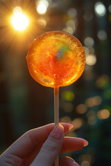 a Girl's hand holding a Colorful lollipop, illuminated by backlight, Sunny background
