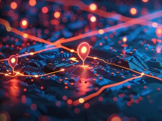 Digital GPS location on map with pin route path concept. AI generated image