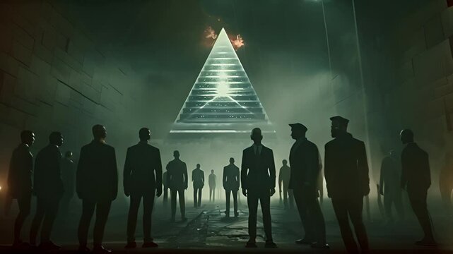 Pushing towards a pyramid symbol overhead with a crowd of shadow figures mulling about in fog below. For shadow government conspiracy meme.