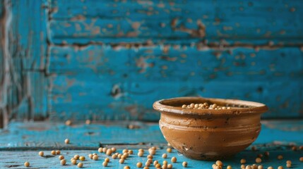 Pea seeds immersed in water in a clay container against a blue wooden backdrop ideal for wallpaper purposes