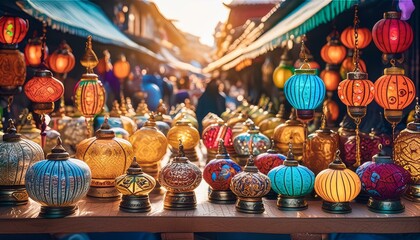 a digital marketplace bustling with vendors selling artifacts featuring religious signs from around the world.