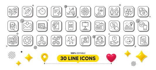 Discount button, Photo studio and Fake document line icons pack. 3d design elements. Roller coaster, Phone repair, Bell alert web icon. Incoming mail, Power certificate, Like video pictogram. Vector