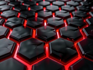 Fototapeta premium Modern Dark hexagonal carbon fiber with red luminous lines and highlights background.AI generated image