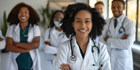 Fototapeta premium Cheerful smiling diverse latino, caucasian and african american doctors in white gowns with stethoscope medical science welcome background