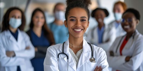 Cheerful smiling diverse latino, caucasian and african american doctors in white gowns with stethoscope medical science welcome background