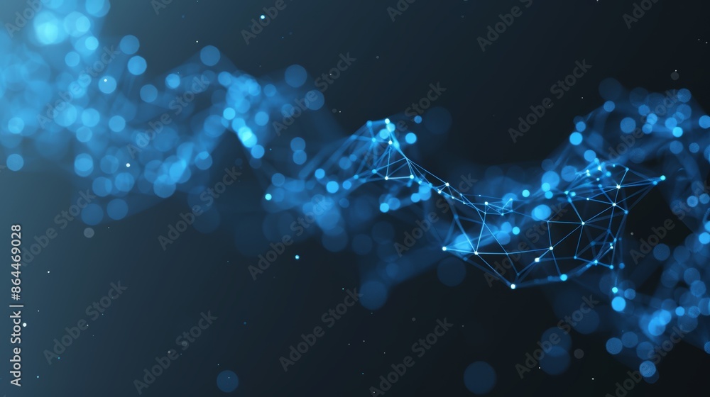 Poster blue glowing nodes and lines on a dark background, abstract representation of digital connections an