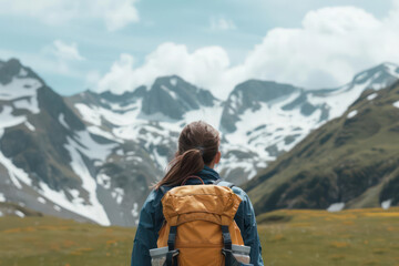 Fototapeta premium A woman traveler stands alone with her back to the camera, admiring the breathtaking mountain landscape
