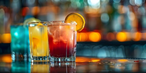 Vibrant Cocktails on a Mirrored Bar Counter with Blurred Bottle Shelves in the Background. Concept Cocktail Photography, Bar Counter, Mirrored Surface, Bottle Shelves, Blurred Background