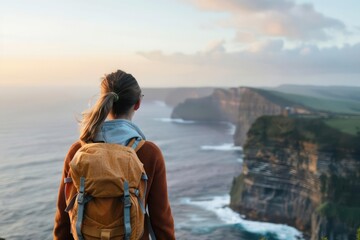 Fototapeta premium A woman with a backpack stands at the edge of a cliff, taking in the stunning coastal view
