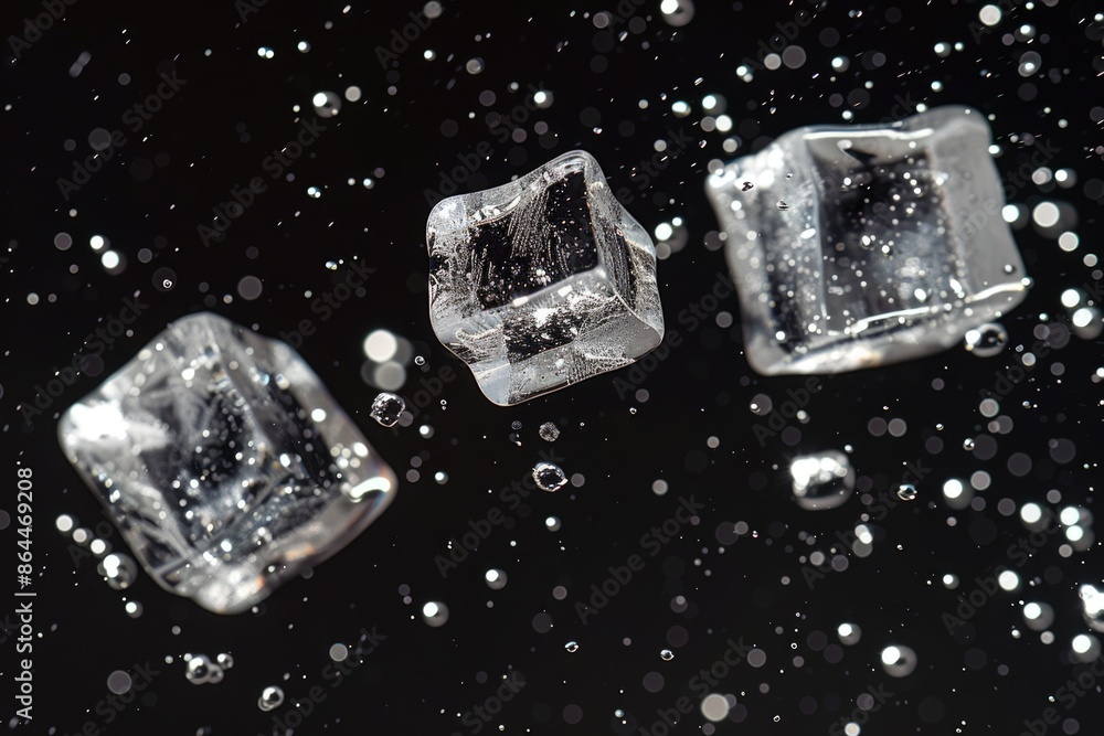 Poster three ice cubes floating in water with visible bubbles