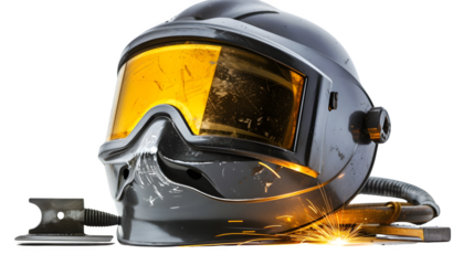 Welders workshop setup with welding mask and metal, PNG file, transparent background, isolated on white