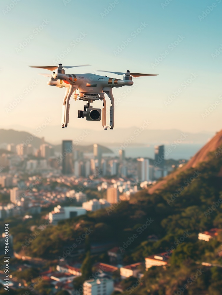 Poster a drone with a camera flies over a cityscape at sunset. generative ai