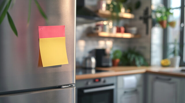 a colorful blank note stuck on a sleek, stainless steel refrigerator door. 