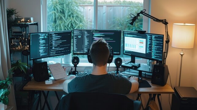 Back view of professional software developer coding program or engineering prompt. Skilled programmer typing computer and laptop while developing system with blurring background. Technology. AIG42.