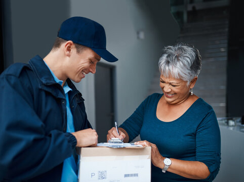 Package, delivery man and woman with clipboard for signature, safety compliance or proof of shipment. Courier service, worker or senior customer with checklist of parcel, postage or ecommerce at home
