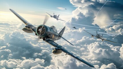 A nostalgic National Aviation Day poster featuring classic World War II fighter planes in a dramatic dogfight above the clouds.