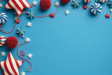 Fototapeta premium Red, white, and blue decorations against a clean background, with ample space for text