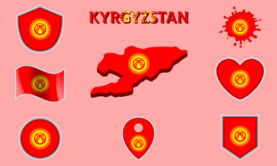 Collection of flat national flags of Kyrgyzstan with map