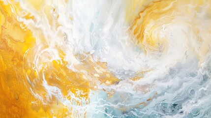 Abstract Liquid Marble Background with Yellow and White Swirls, Modern Fluid Art Painting