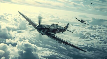 Fototapeta premium A nostalgic National Aviation Day poster featuring classic World War II fighter planes in a dramatic dogfight above the clouds.