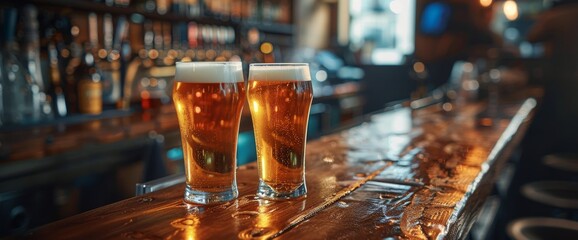 Two Glasses of Beer on a Wooden Table in a Pub
