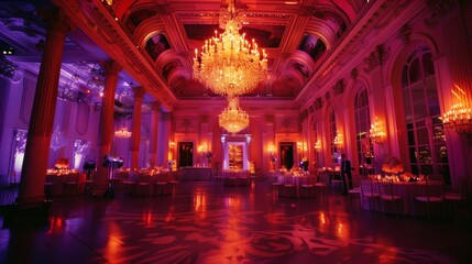 Fototapeta premium A lavish ballroom with ornate chandeliers and grand decor exudes opulence, blending elegance and splendor.