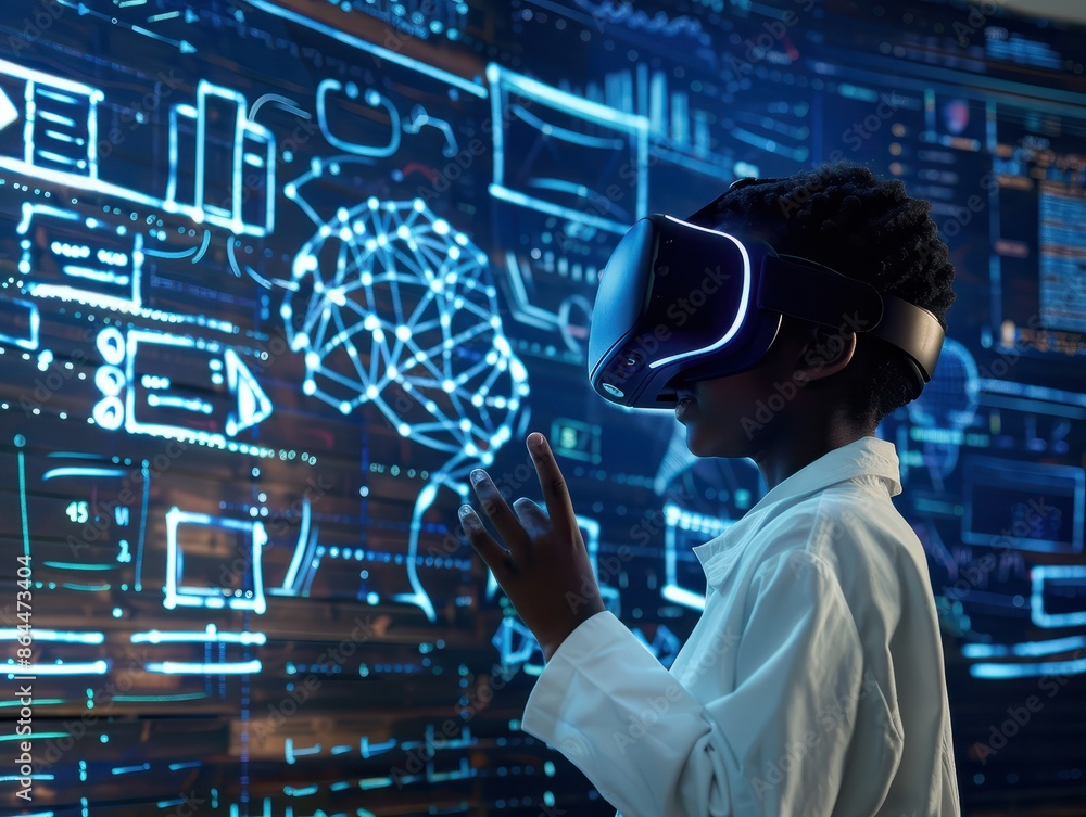 Poster black. school pupil with vr headset using ai artificial intelligence technology & machine learning. 