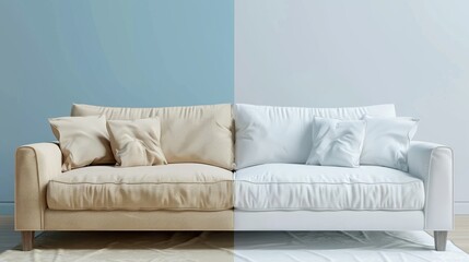 Before and after the depth sofa cleaning by a device