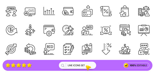 Auction, Block diagram and Online auction line icons for web app. Pack of Cvv code, Growth chart, Loan percent pictogram icons. Difficult stress, Dollar exchange, Survey checklist signs. Vector