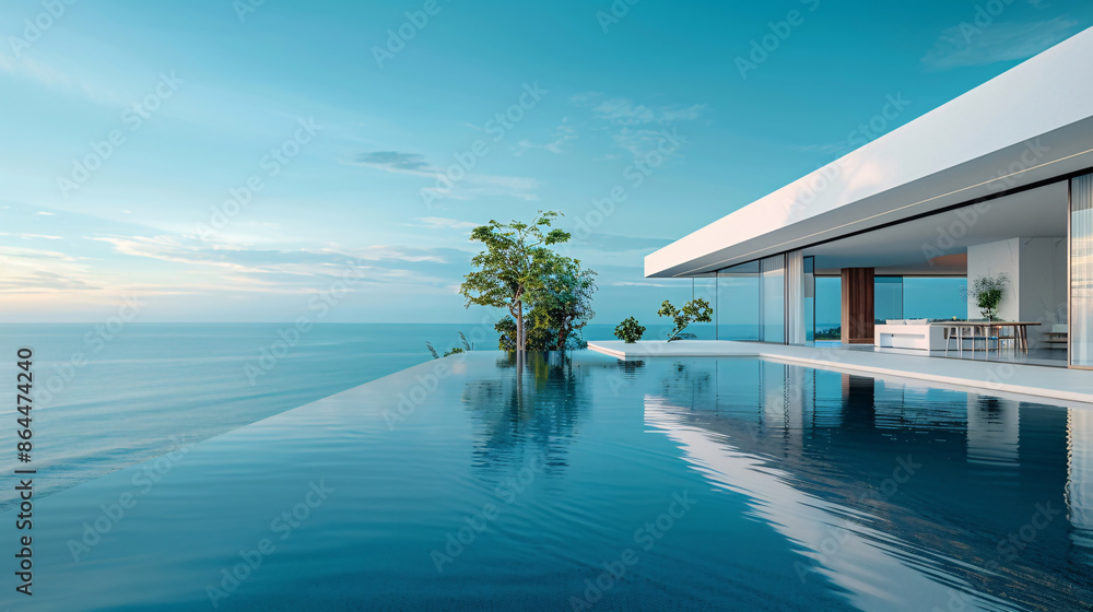 Poster modern house with ocean view pool. generative by ai