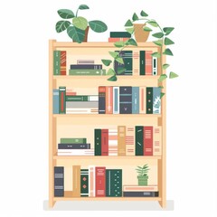 Minimalist flat artwork featuring a bookshelf filled with books and a small plant, presented on a white background