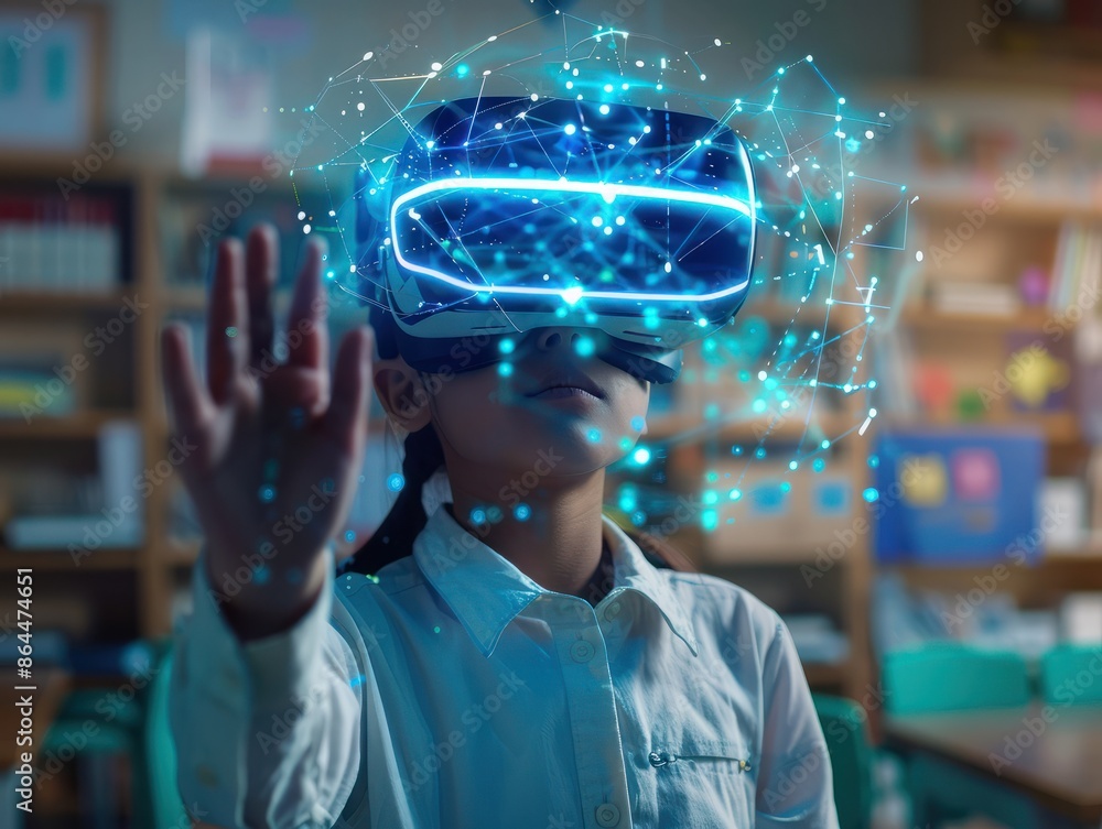 Poster school student using vr headset and ai artificial intelligence technology & machine learning. futuri