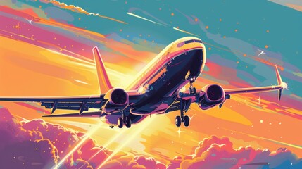 a vibrant poster for National Aviation Day, showcasing a modern jet taking off against the backdrop of a sunset.