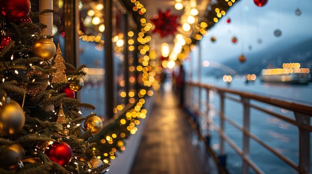 Festive Christmas Decorations Aboard a Cruise Ship at Evening with Lights and Ornaments