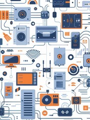 A digital illustration showcasing a variety of network devices, including routers, modems, and smart home gadgets, connected by abstract lines symbolizing data flow. Generative AI