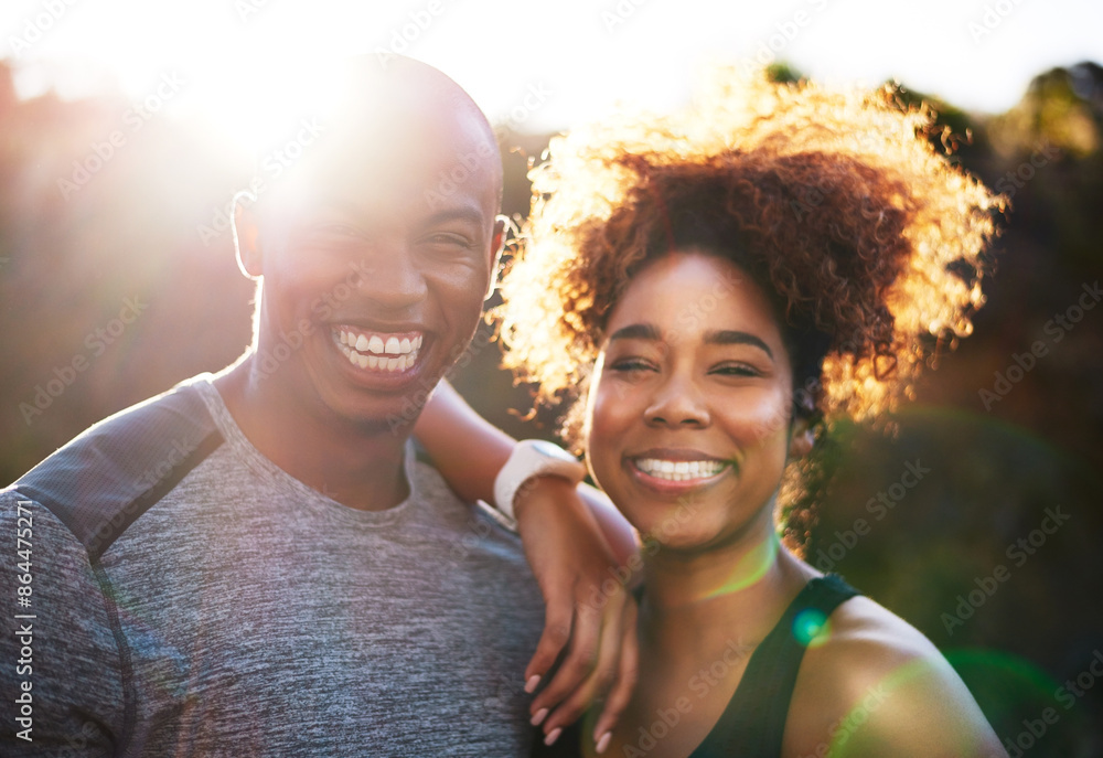 Sticker happy, black couple and portrait with fitness in nature for exercise, outdoor training or workout to