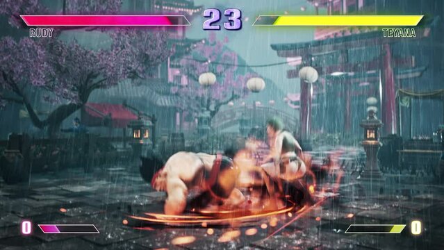 A muscular character winning the computer game round against a woman opponent. Winning the competitive fighting game round. Winning the round in a single-layer martial arts video game. 