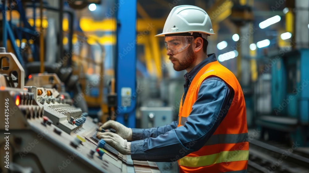 Poster an engineer in workwear and helmet is operating a machine in a factory, engaged in mass production o