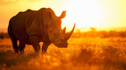 Fototapeta premium A rhino is standing in a field of tall grass