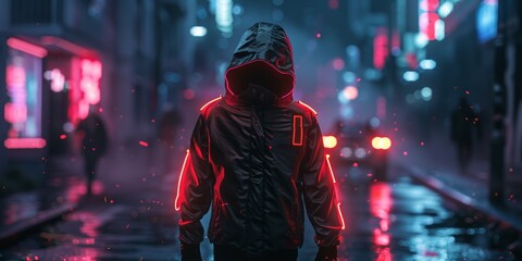 Street style night, model in techwear with neon accents, background is a dark urban street, clothing glows subtly, moody scene, model is walking confidently